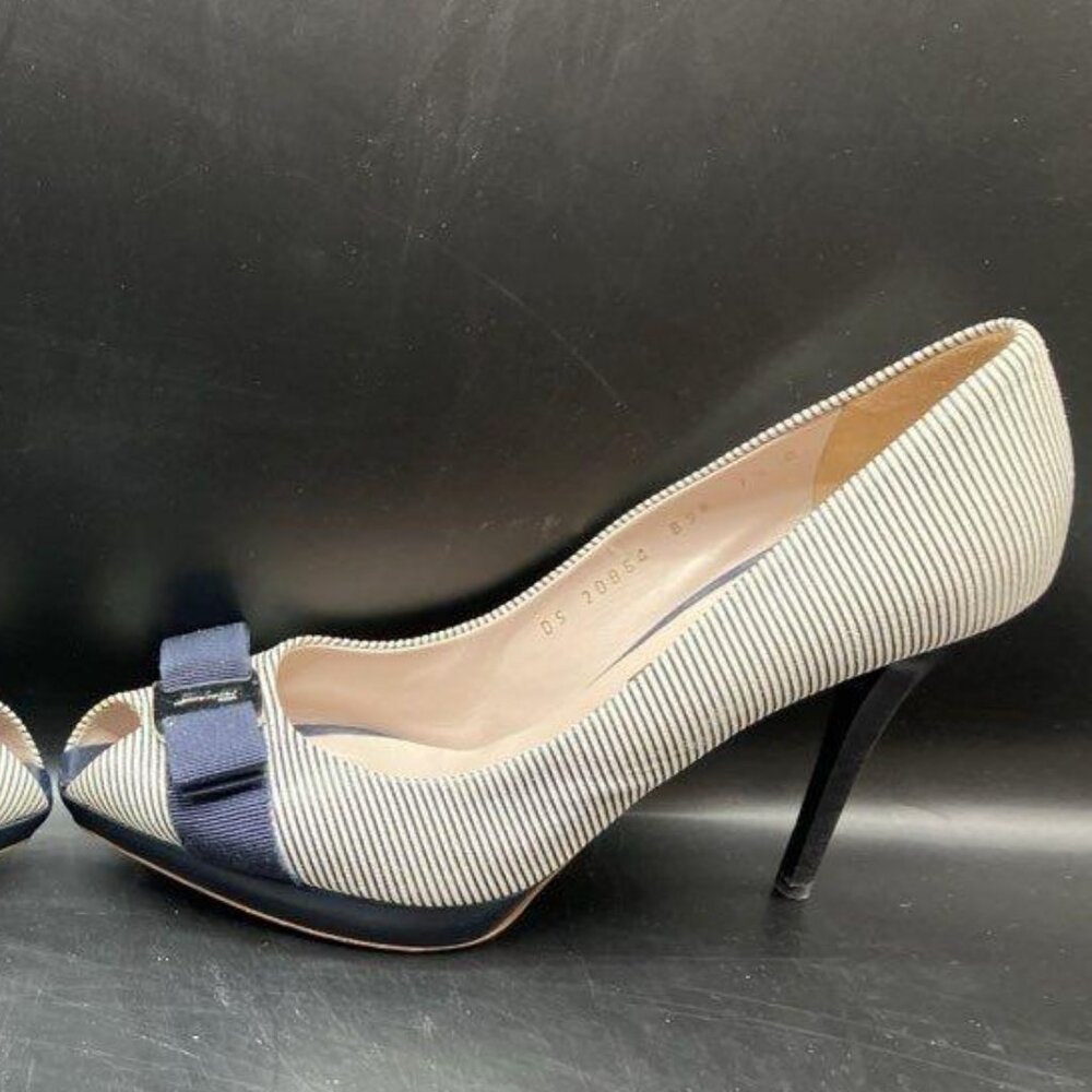 Salvatore Ferragamo Navy/White Stripe Peep-Toe Heels – Size 7.5B, Bow Accent - Picture 2 of 7